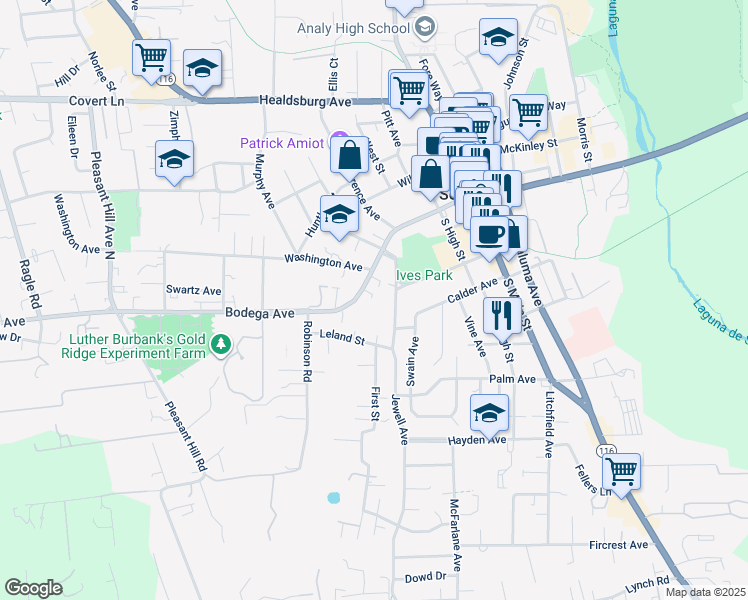 map of restaurants, bars, coffee shops, grocery stores, and more near 7591 Bodega Avenue in Sebastopol