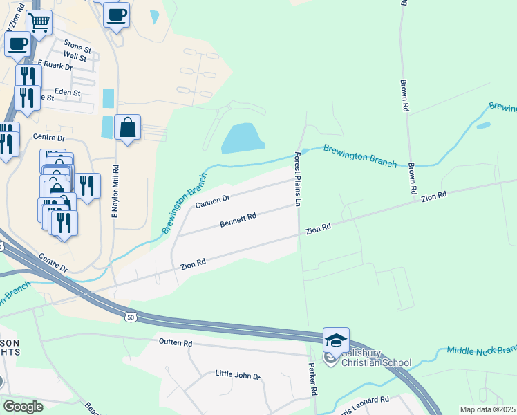 map of restaurants, bars, coffee shops, grocery stores, and more near 30551 Bennett Road in Salisbury