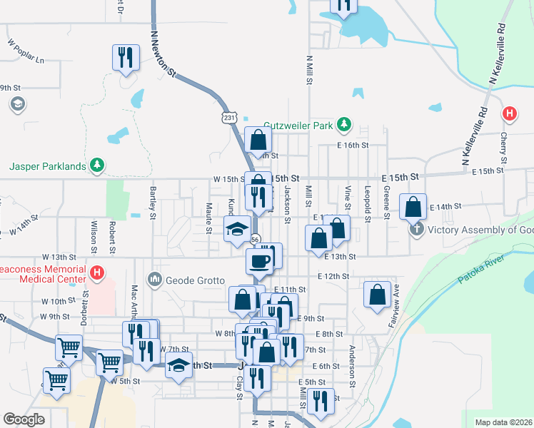map of restaurants, bars, coffee shops, grocery stores, and more near 100-146 West 14th Street in Jasper