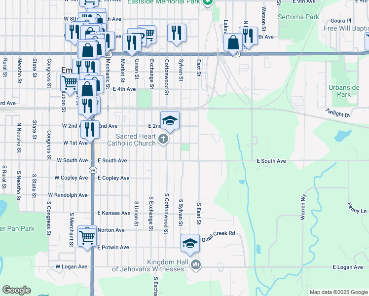 map of restaurants, bars, coffee shops, grocery stores, and more near 16 Sylvan Street in Emporia