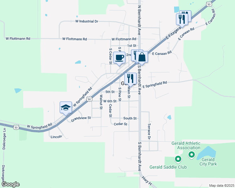 map of restaurants, bars, coffee shops, grocery stores, and more near 104 5th Street in Gerald