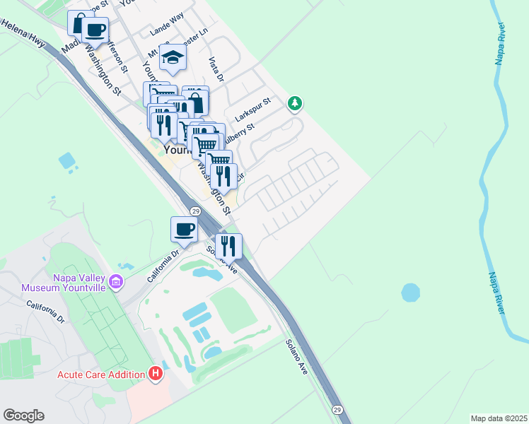 map of restaurants, bars, coffee shops, grocery stores, and more near 11 San Antonio Street in Yountville