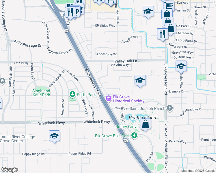 map of restaurants, bars, coffee shops, grocery stores, and more near 8709 Los Encantos Circle in Elk Grove