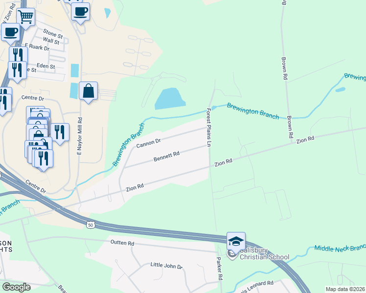 map of restaurants, bars, coffee shops, grocery stores, and more near 30551 Bennett Road in Salisbury