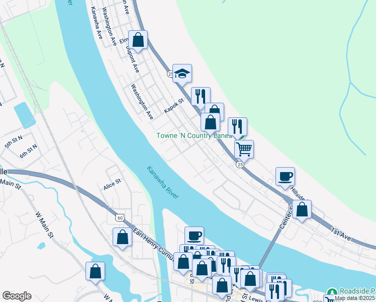 map of restaurants, bars, coffee shops, grocery stores, and more near 206 Walker Street in Nitro