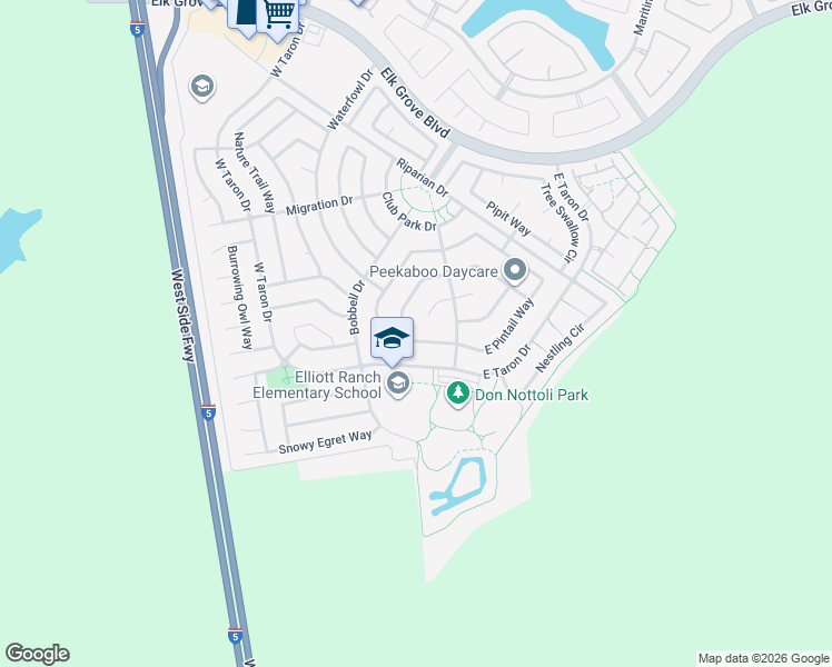 map of restaurants, bars, coffee shops, grocery stores, and more near 2905 West Pintail Way in Elk Grove