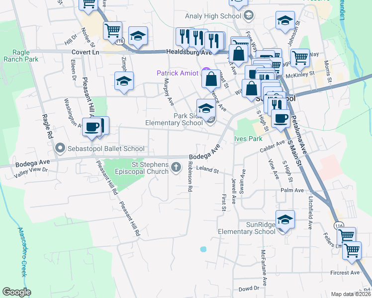 map of restaurants, bars, coffee shops, grocery stores, and more near 7716 Bodega Avenue in Sebastopol