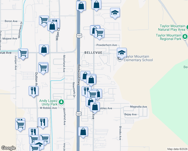 map of restaurants, bars, coffee shops, grocery stores, and more near 3231 Santa Rosa Avenue in Santa Rosa