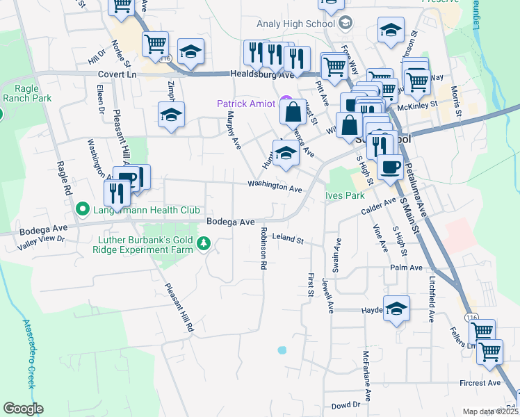 map of restaurants, bars, coffee shops, grocery stores, and more near 7716 Bodega Avenue in Sebastopol
