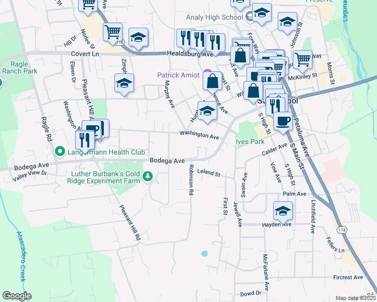 map of restaurants, bars, coffee shops, grocery stores, and more near 7716 Bodega Avenue in Sebastopol