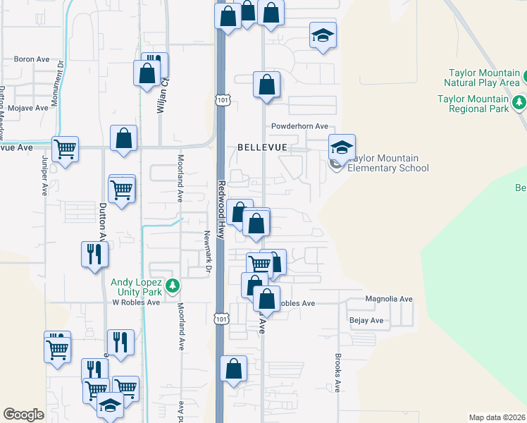 map of restaurants, bars, coffee shops, grocery stores, and more near 3231 Santa Rosa Avenue in Santa Rosa