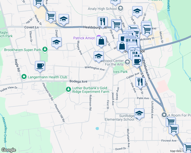 map of restaurants, bars, coffee shops, grocery stores, and more near 7660 Bodega Avenue in Sebastopol