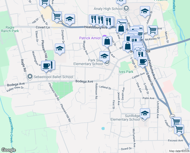 map of restaurants, bars, coffee shops, grocery stores, and more near 7760 Bodega Avenue in Sebastopol