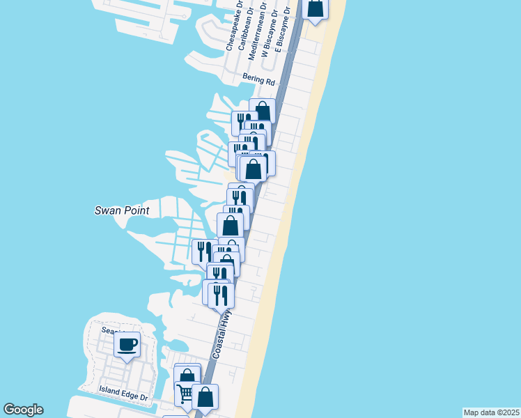 map of restaurants, bars, coffee shops, grocery stores, and more near 44 79th Street in Ocean City