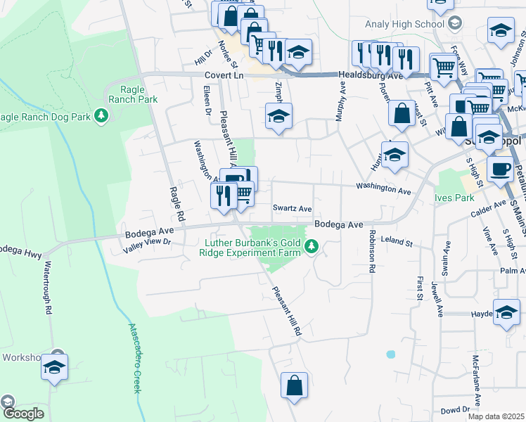 map of restaurants, bars, coffee shops, grocery stores, and more near 7950 Bodega Avenue in Sebastopol