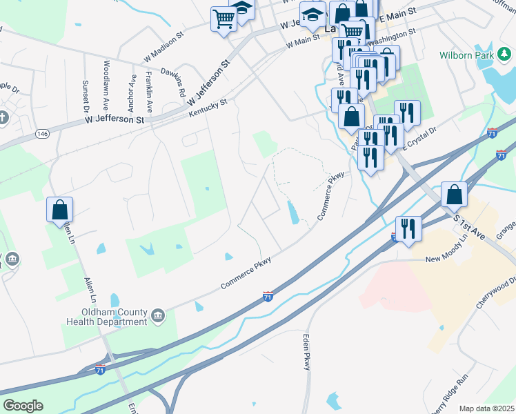 map of restaurants, bars, coffee shops, grocery stores, and more near 1003 Oldham Oaks Drive in La Grange