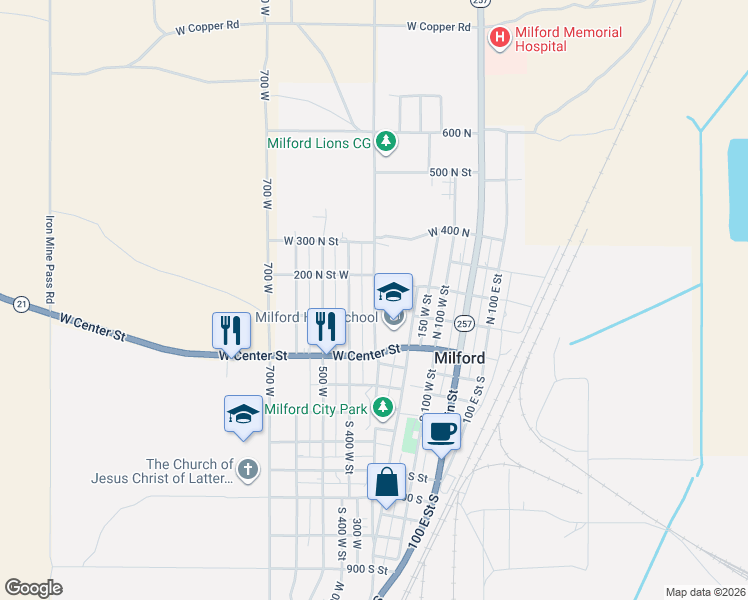 map of restaurants, bars, coffee shops, grocery stores, and more near 800 North 300 West Street in Milford