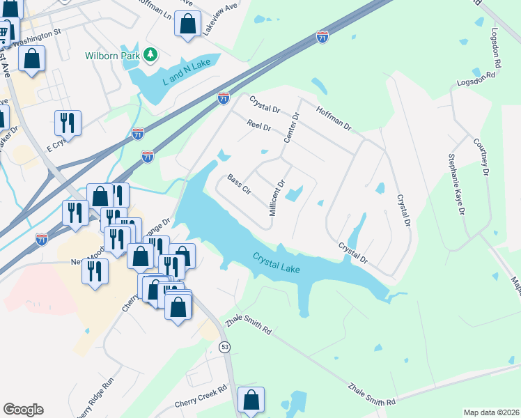 map of restaurants, bars, coffee shops, grocery stores, and more near 1832 Bass Circle in La Grange