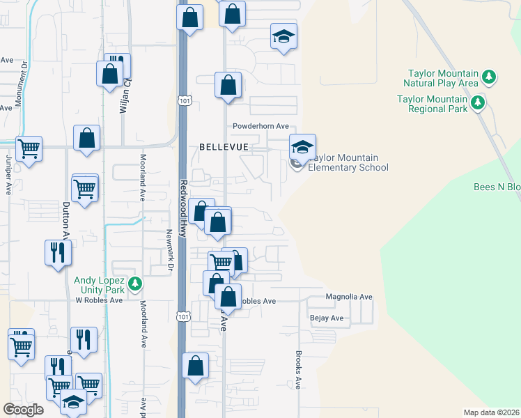 map of restaurants, bars, coffee shops, grocery stores, and more near 280 Castro Court in Santa Rosa