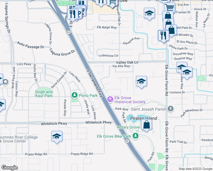 map of restaurants, bars, coffee shops, grocery stores, and more near 8709 Los Encantos Circle in Elk Grove