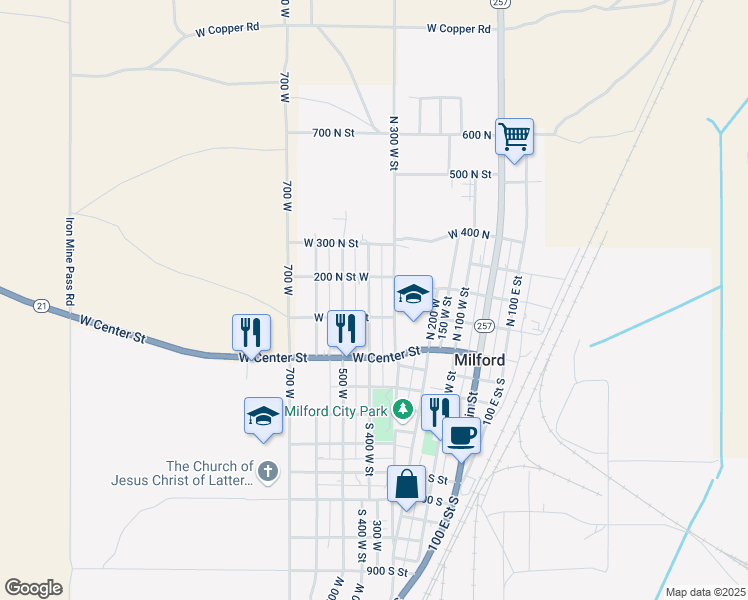 map of restaurants, bars, coffee shops, grocery stores, and more near 138 North 400 West Street in Milford