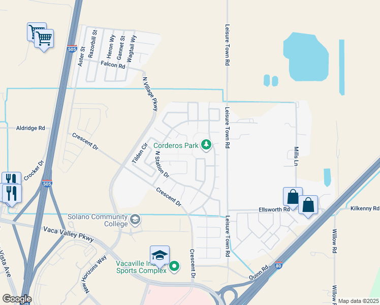 map of restaurants, bars, coffee shops, grocery stores, and more near 3102 Duke Circle in Vacaville