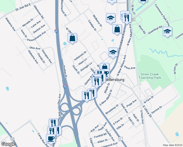 map of restaurants, bars, coffee shops, grocery stores, and more near 232 Shirley Avenue in Sellersburg