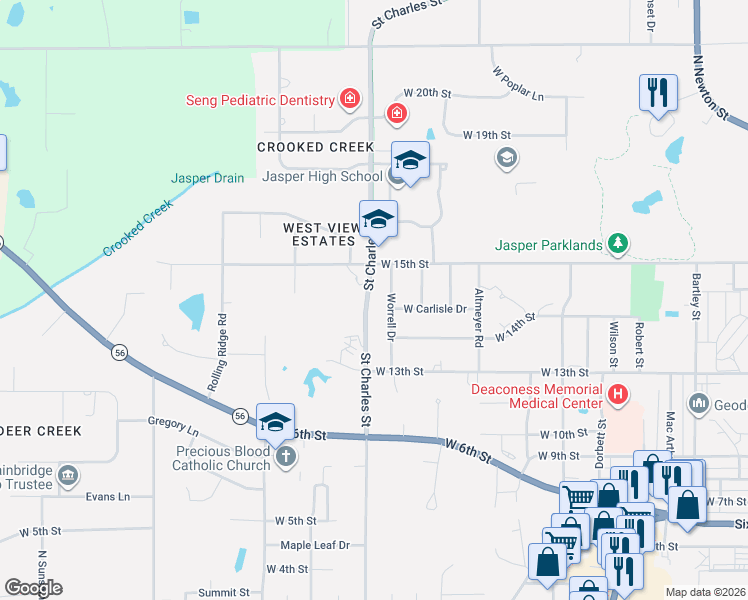 map of restaurants, bars, coffee shops, grocery stores, and more near 1450 Saint Charles Street in Jasper