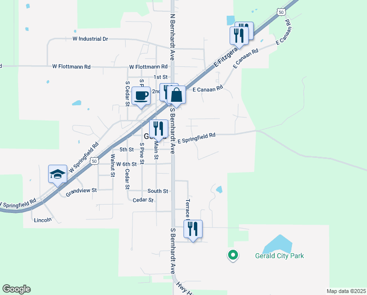 map of restaurants, bars, coffee shops, grocery stores, and more near 555 Ridge Oak Drive in Gerald
