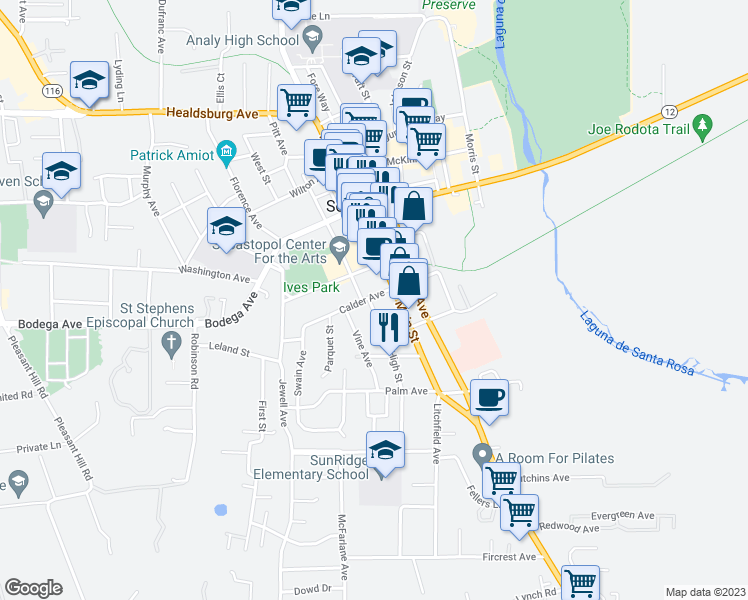 map of restaurants, bars, coffee shops, grocery stores, and more near 7147 Calder Avenue in Sebastopol