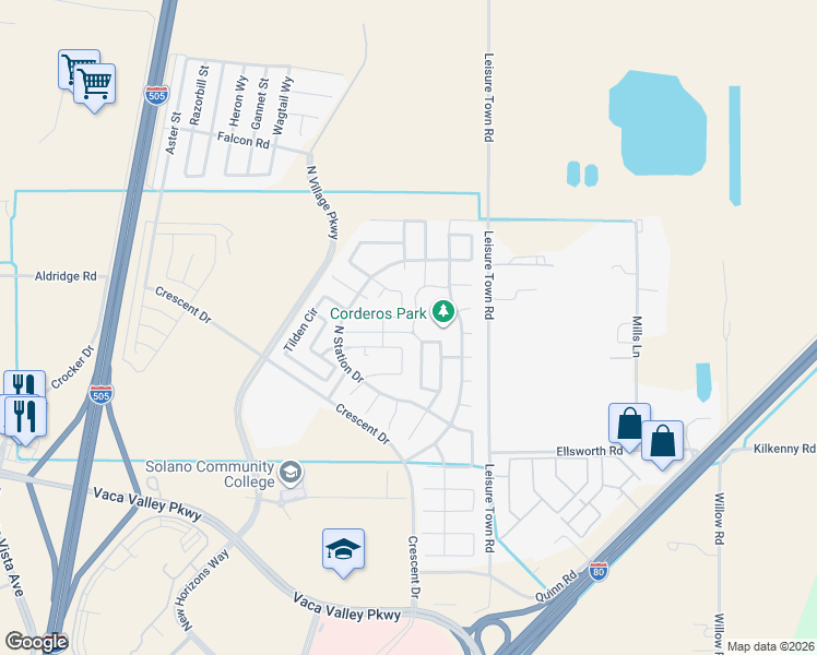 map of restaurants, bars, coffee shops, grocery stores, and more near 3102 Duke Circle in Vacaville
