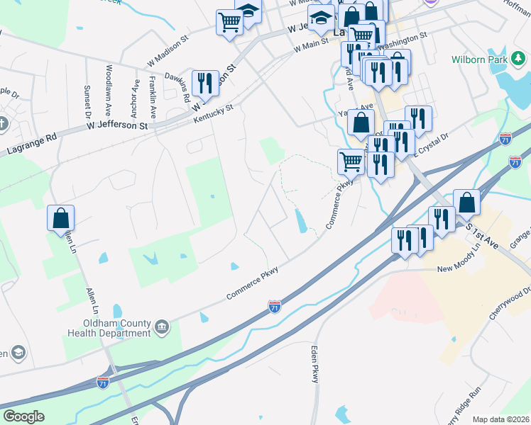 map of restaurants, bars, coffee shops, grocery stores, and more near 1010 Oldham Oaks Drive in La Grange