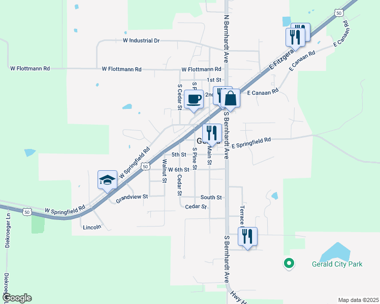 map of restaurants, bars, coffee shops, grocery stores, and more near 104 5th Street in Gerald