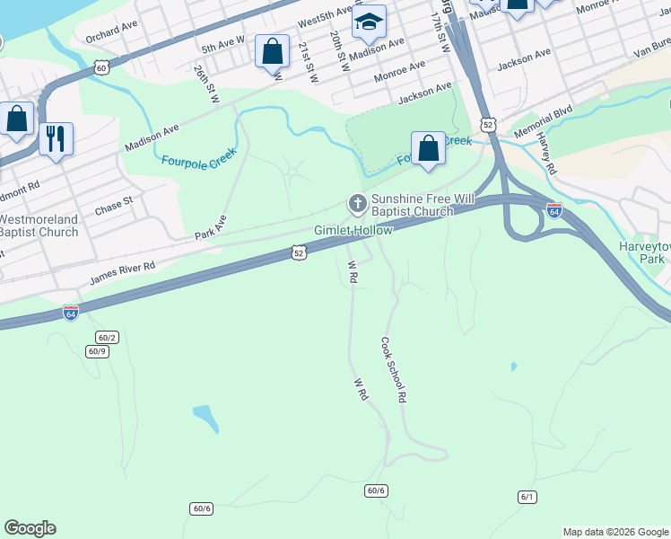 map of restaurants, bars, coffee shops, grocery stores, and more near 1636 West Road in Huntington