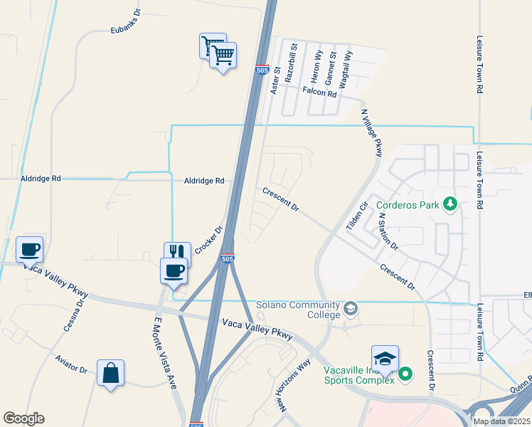 map of restaurants, bars, coffee shops, grocery stores, and more near 712 Kingdom Road in Vacaville