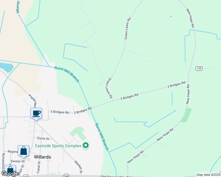 map of restaurants, bars, coffee shops, grocery stores, and more near 7627 Green Lewis Road in Willards