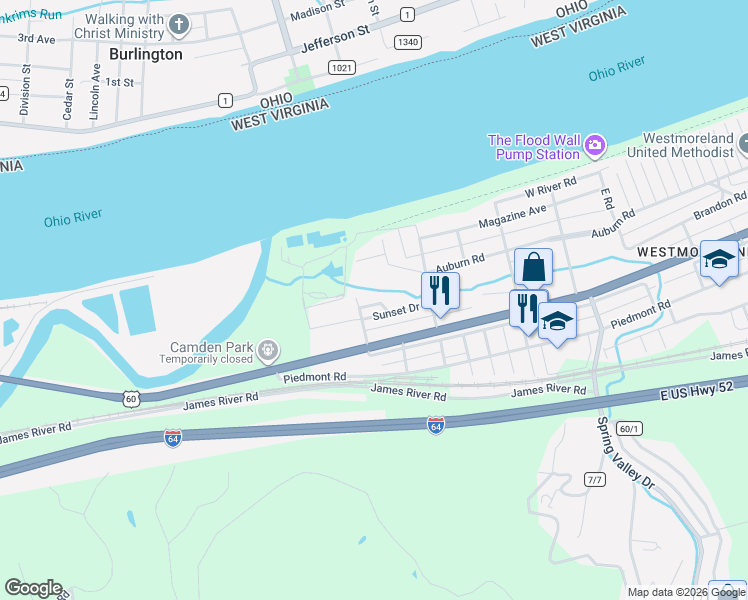 map of restaurants, bars, coffee shops, grocery stores, and more near 4805 Sunset Drive in Huntington
