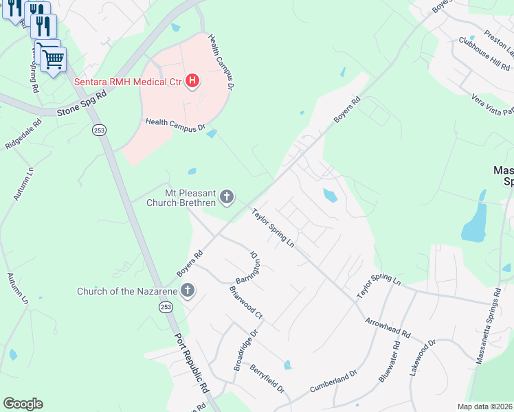 map of restaurants, bars, coffee shops, grocery stores, and more near 1484 Miller Spring Court in Harrisonburg