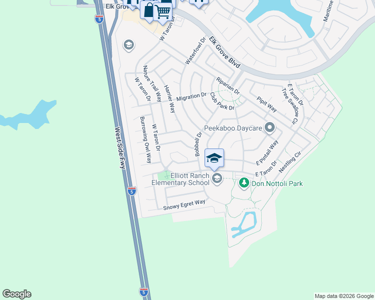map of restaurants, bars, coffee shops, grocery stores, and more near 9899 Osprey Point Circle in Elk Grove