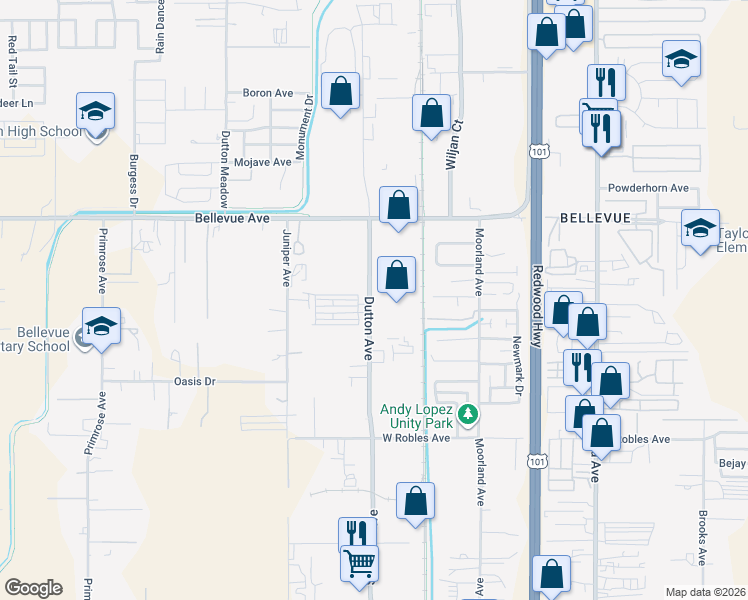 map of restaurants, bars, coffee shops, grocery stores, and more near 400 Dutton Avenue in Santa Rosa