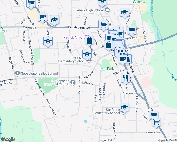 map of restaurants, bars, coffee shops, grocery stores, and more near 7591 Bodega Avenue in Sebastopol