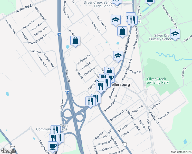 map of restaurants, bars, coffee shops, grocery stores, and more near 232 Shirley Avenue in Sellersburg