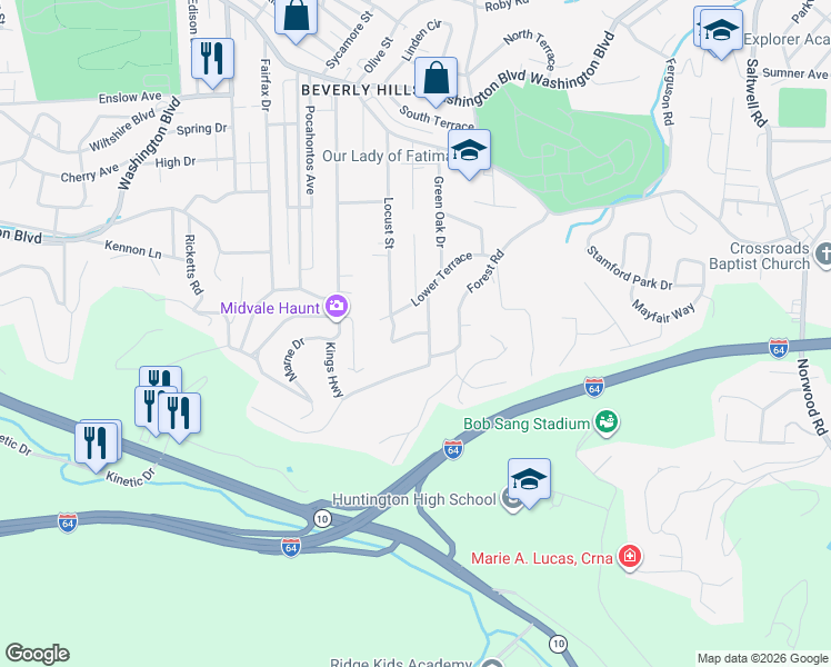 map of restaurants, bars, coffee shops, grocery stores, and more near 113 Forest Park Lane in Huntington