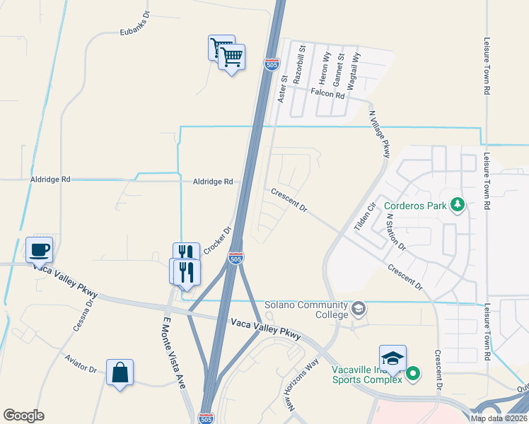 map of restaurants, bars, coffee shops, grocery stores, and more near 712 Kingdom Road in Vacaville