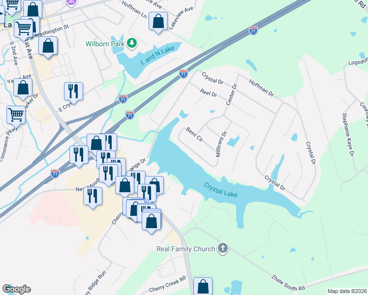 map of restaurants, bars, coffee shops, grocery stores, and more near 1712 Bass Circle in La Grange