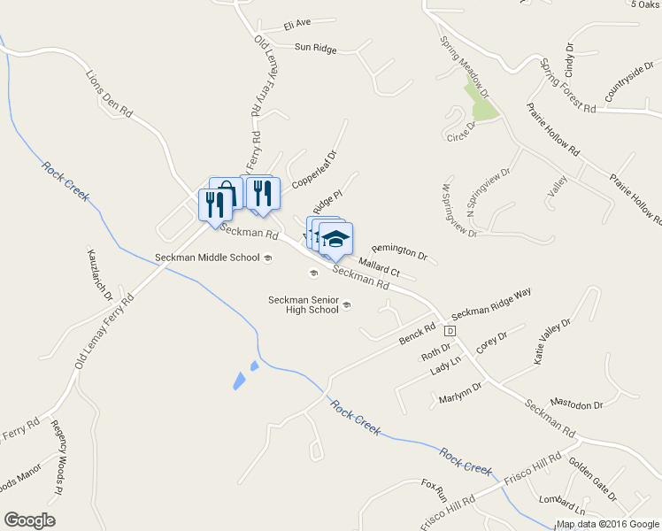 map of restaurants, bars, coffee shops, grocery stores, and more near 2824 Seckman Road in Imperial