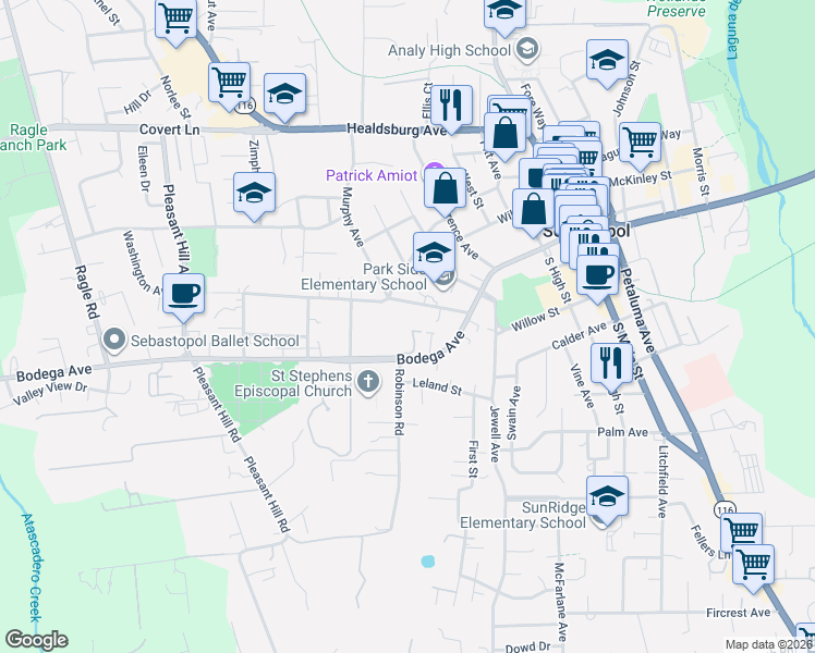 map of restaurants, bars, coffee shops, grocery stores, and more near 7660 Bodega Avenue in Sebastopol
