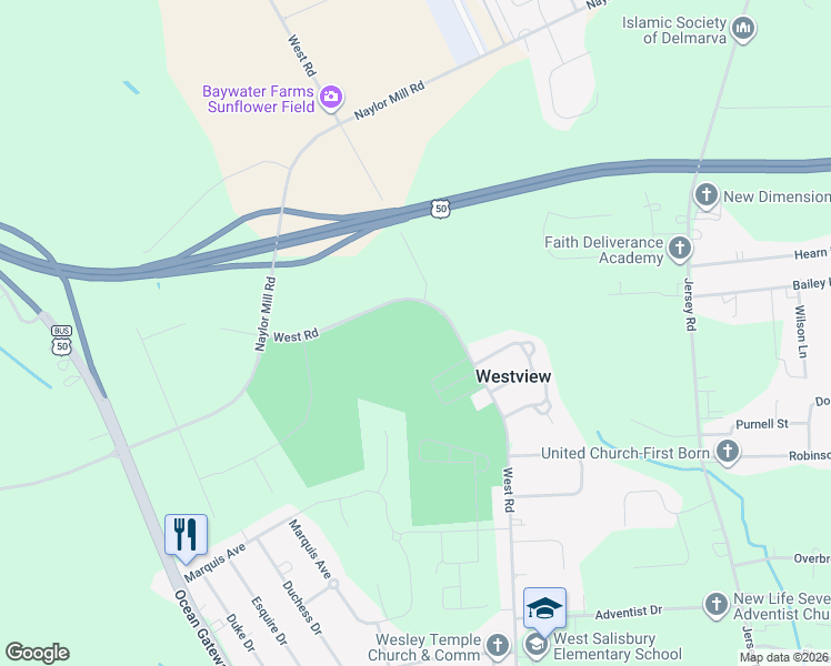 map of restaurants, bars, coffee shops, grocery stores, and more near 1705-1731 West Road in Salisbury