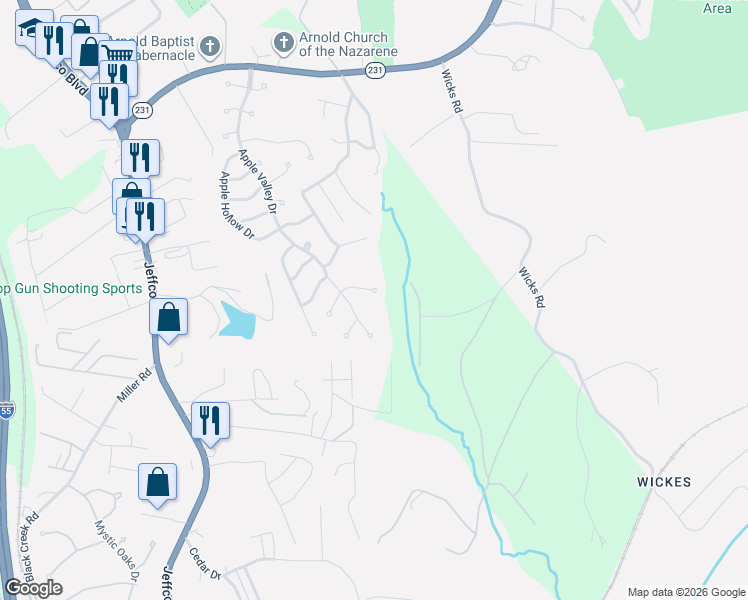 map of restaurants, bars, coffee shops, grocery stores, and more near 4044 Apple Valley Drive in Arnold