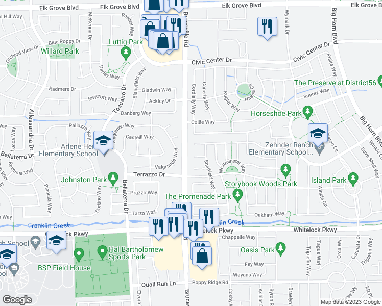 map of restaurants, bars, coffee shops, grocery stores, and more near 7405 Rothschild Court in Elk Grove